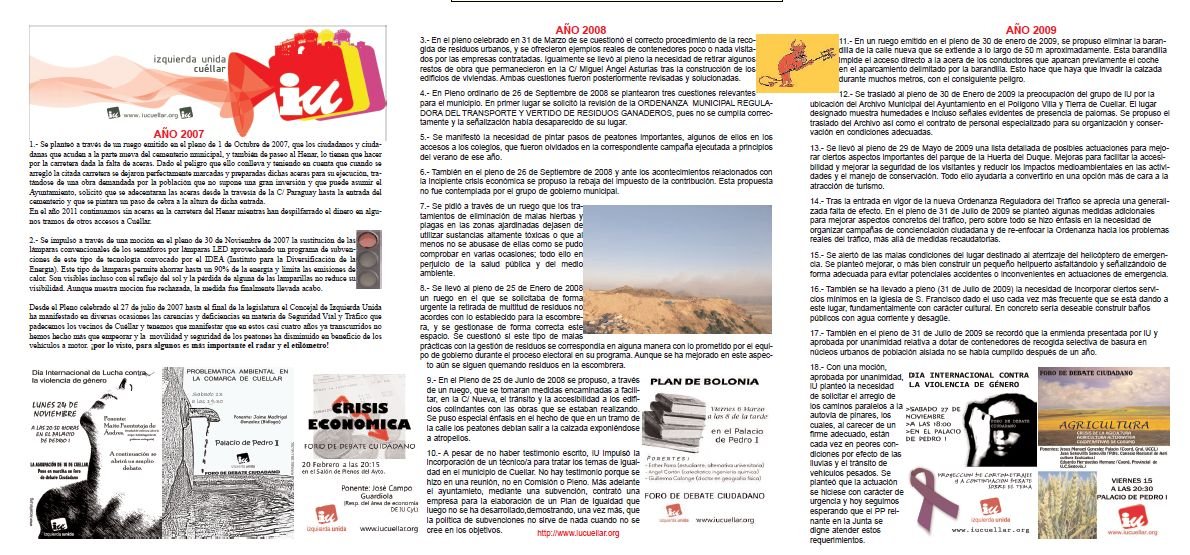 Interior de la Hoja Informativa de Izquierda Unida Cuéllar con el resumen de actuaciones entre 2007 y 2011