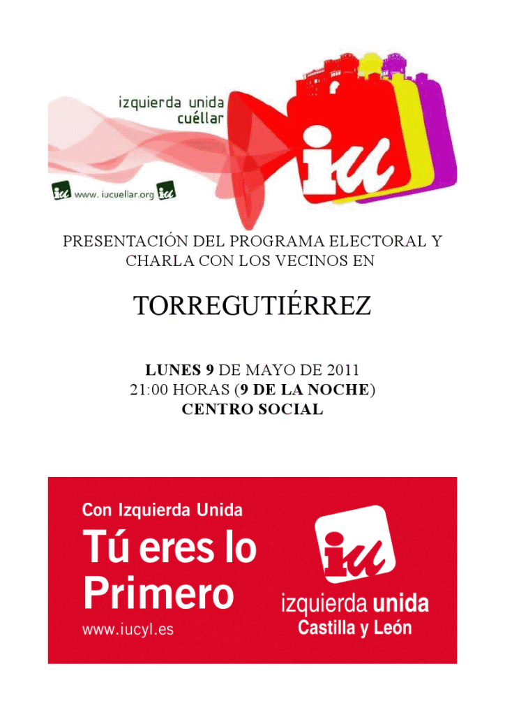 Cartel de la presentación del programa electoral de IU Cuéllar en Torregutiérrez el 9 de mayo de 2011