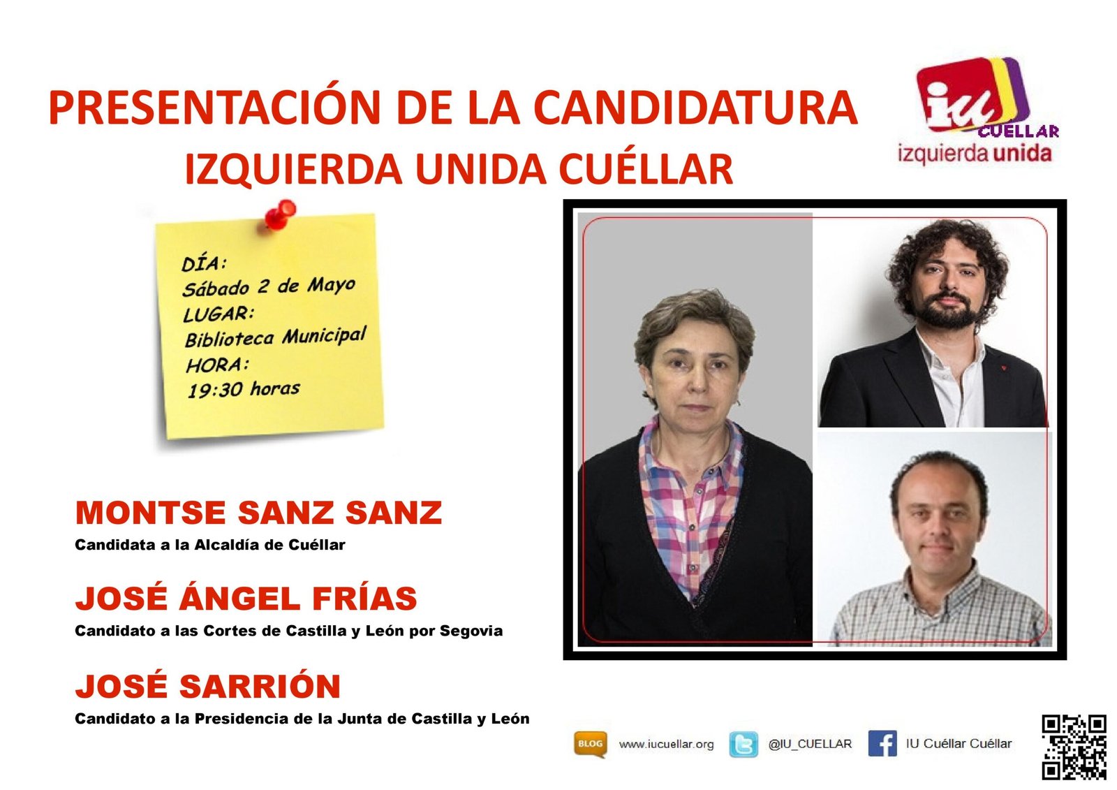 Cartel de la presentación de la candidatura de Izquierda Unida Cuéllar el 2 de mayo de 2015 en la Biblioteca Municipal