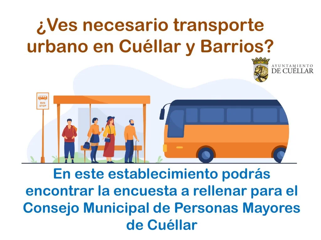 Cartel de la encuesta sobre transporte urbano de Cuéllar colocado en establecimientos del municipio en 2022