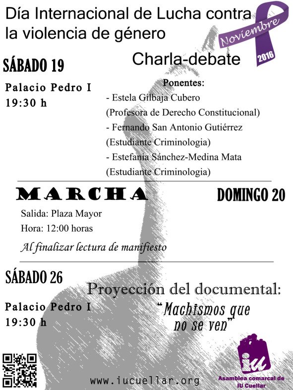 Cartel de los actos contra la violencia de género organizados por IU Cuéllar en noviembre de 2016, con charla, marcha y proyección