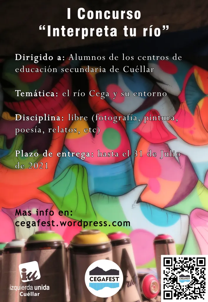 Cartel del I Concurso Escolar «Interpreta tu río» del Cegafest, con las bases sobre un fondo de grafiti y botes de spray.