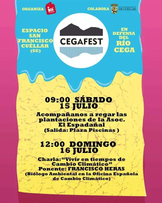 Cartel de las actividades del Cegafest 2023: riego solidario y charla sobre cambio climático